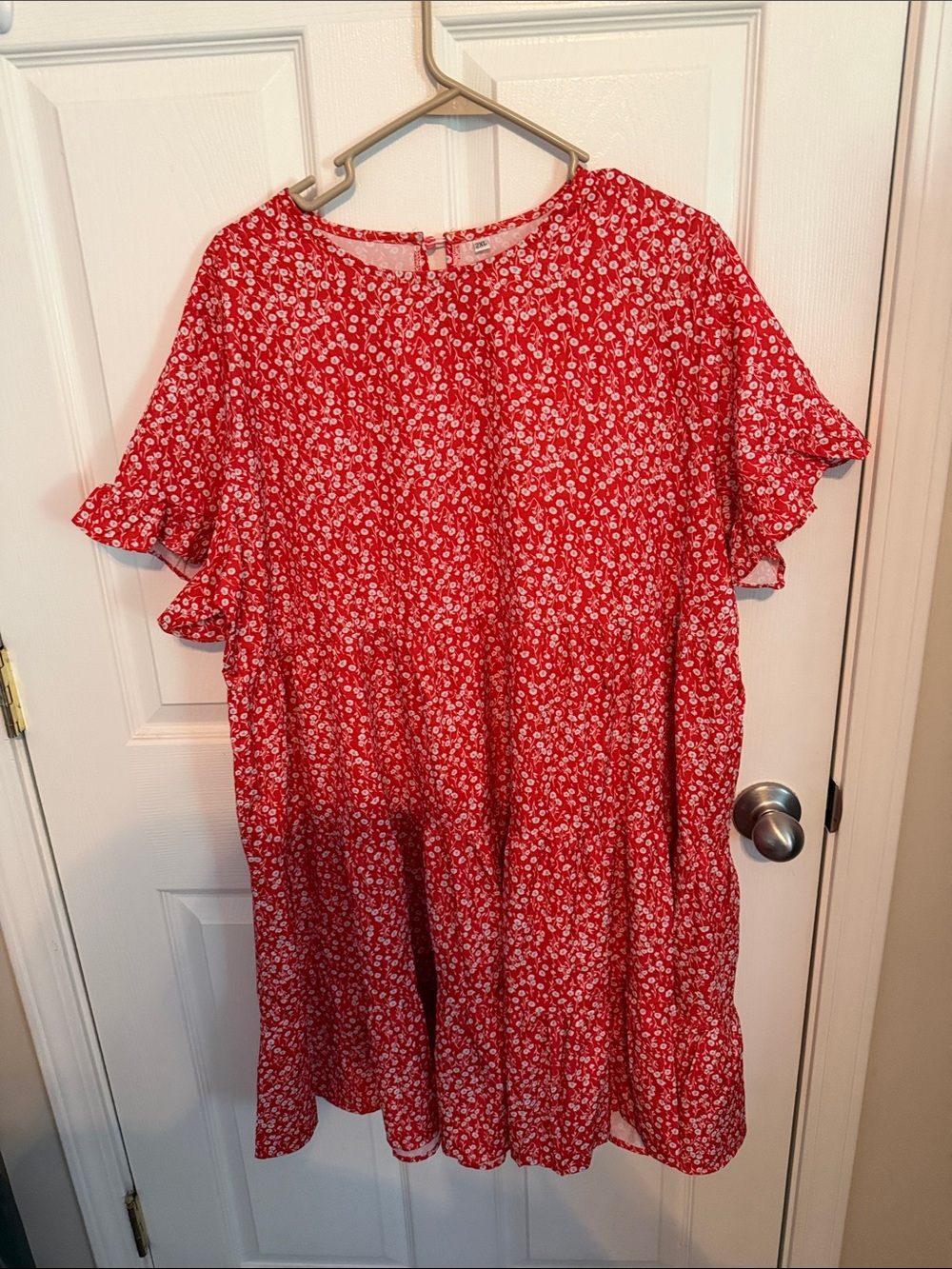 Red Floral Short Sleeve Smock Dress
